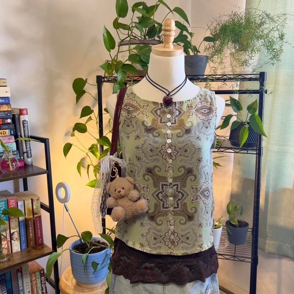 Vintage Y2K Green‎ Paisley Button-up Fairy Tank Top Blouse Small Boho Festival